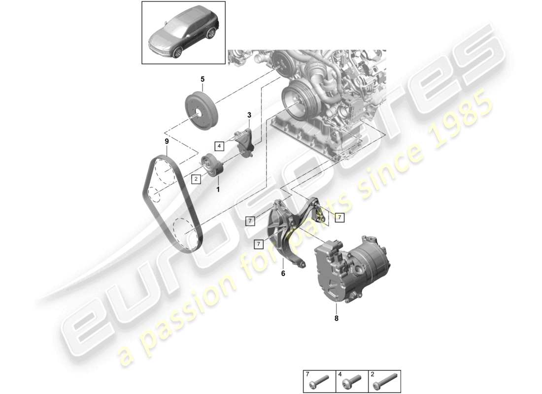 porsche 2021 (cayenne e3 9ya/9yb) diagramme des pièces du tendeur de courroie poly-v