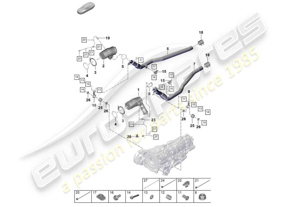 porsche 2025 (cayenne e3 pa) système d'échappement tuyau d'échappement avec catalyseur tuyau d'échappement sonde lambda schéma des pièces