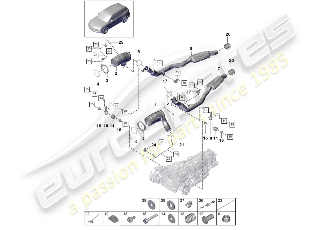 porsche 2021 (cayenne e3 9ya/9yb) système d'échappement convertisseur catalytique filtre à particules essence sonde lambda schéma des pièces