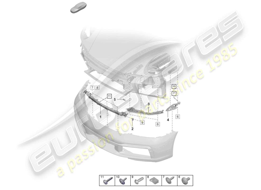 porsche 2022 (992-1 turbo / s) schéma des pièces de fixation du pare-chocs avant