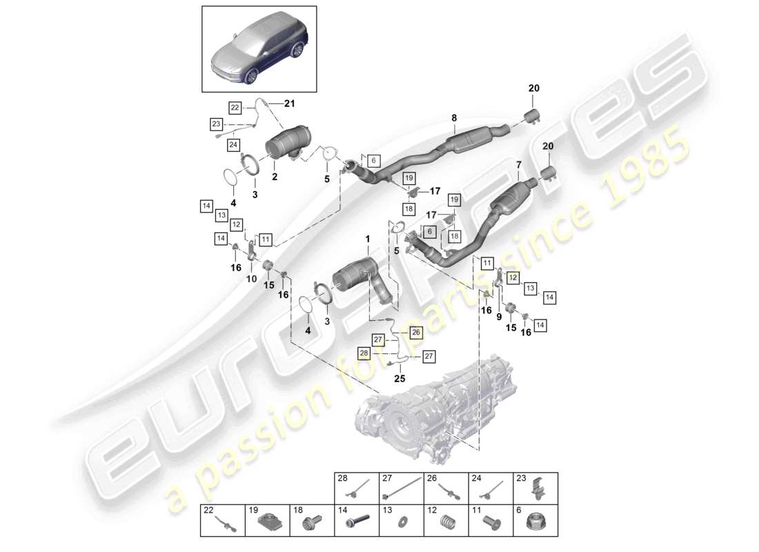 porsche 2021 (cayenne e3 9ya/9yb) système d'échappement convertisseur catalytique filtre à particules essence sonde lambda schéma des pièces