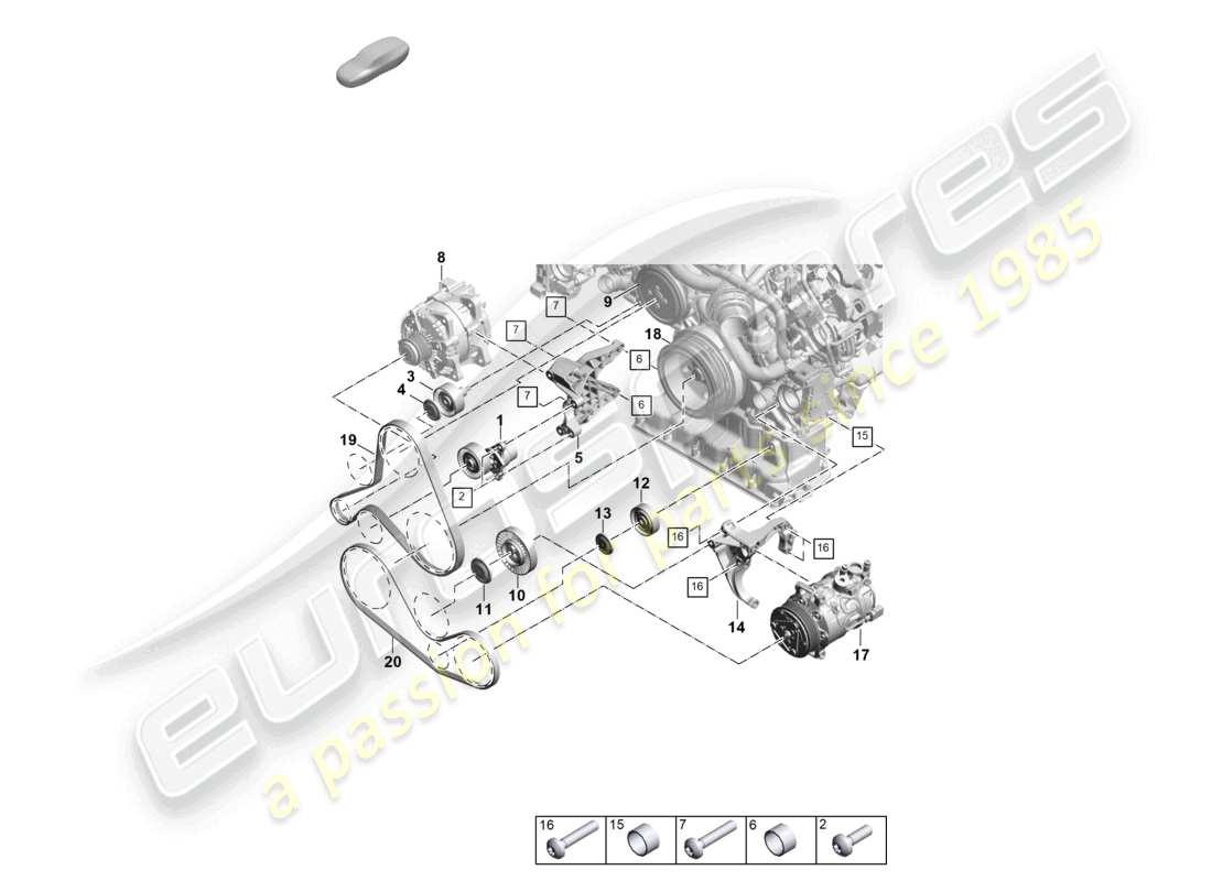 porsche 2026 (cayenne e3 pa) diagramme des pièces du tendeur de courroie poly-v