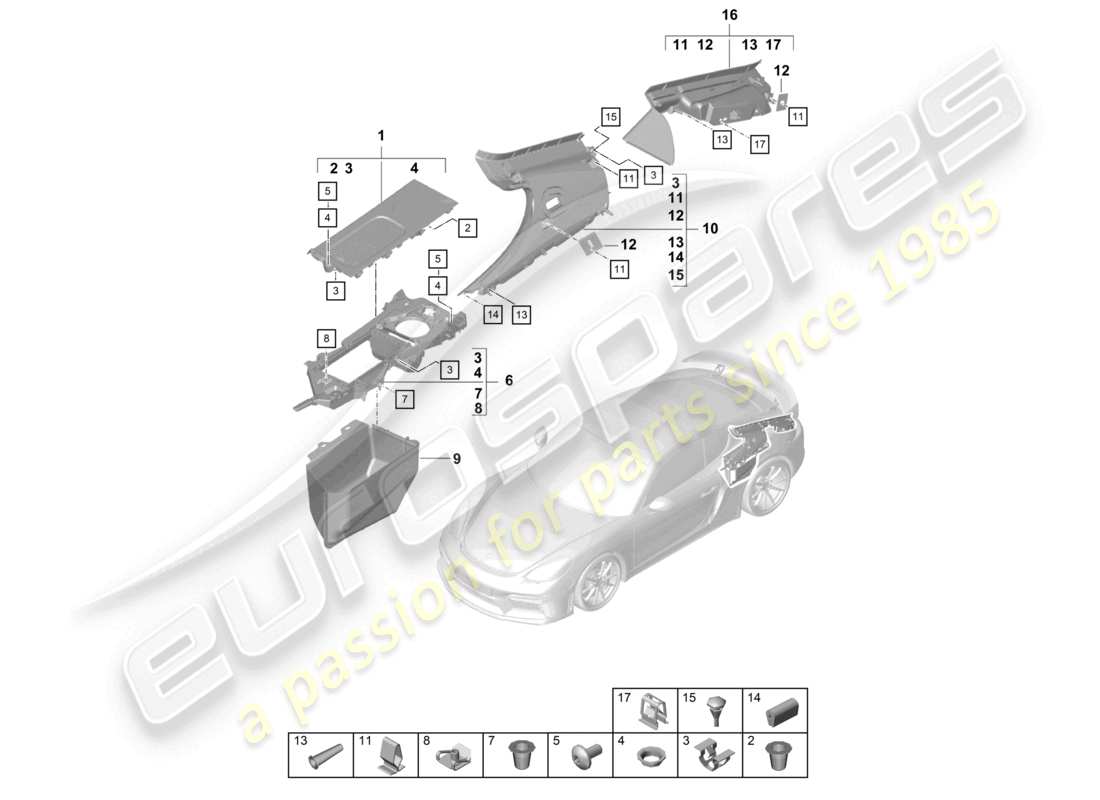 porsche 2021 (718 cayman gt4) garnitures latérales compartiment moteur arrière schéma des pièces