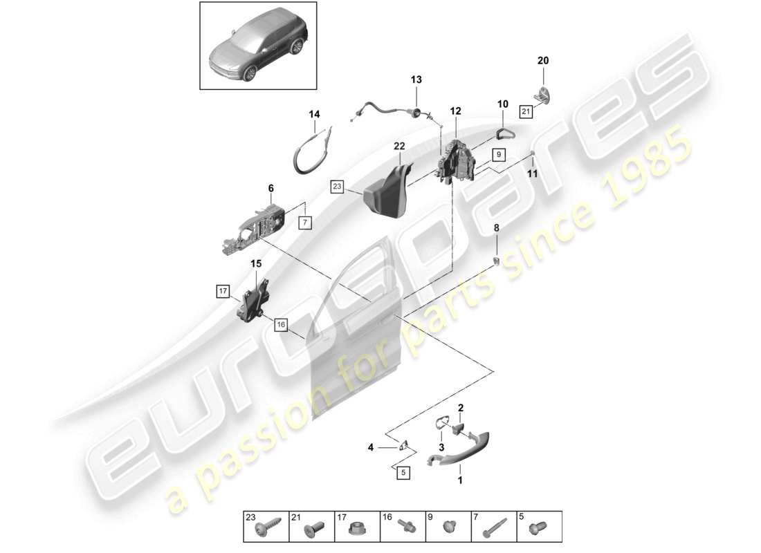 porsche 2021 (cayenne e3 9ya/9yb) poignée de porte, serrure de porte extérieure avant schéma des pièces