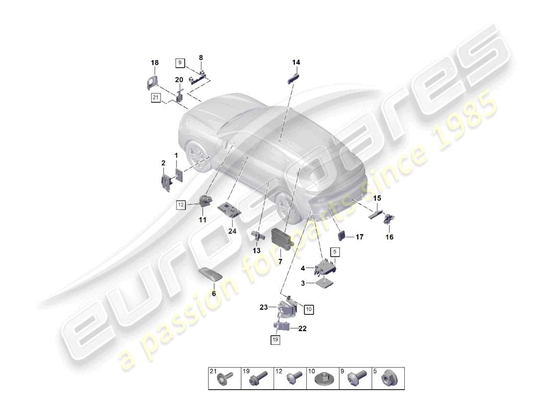 porsche 2026 (cayenne e3 pa) unités de commande partie avant partie arrière interrupteur d'allumage/démarreur antenne commandes pour le fonctionnement de la porte de garage unité de commande pour l'assistance au changement de voie unité de commande pour la régulation de la distance schéma des pièces