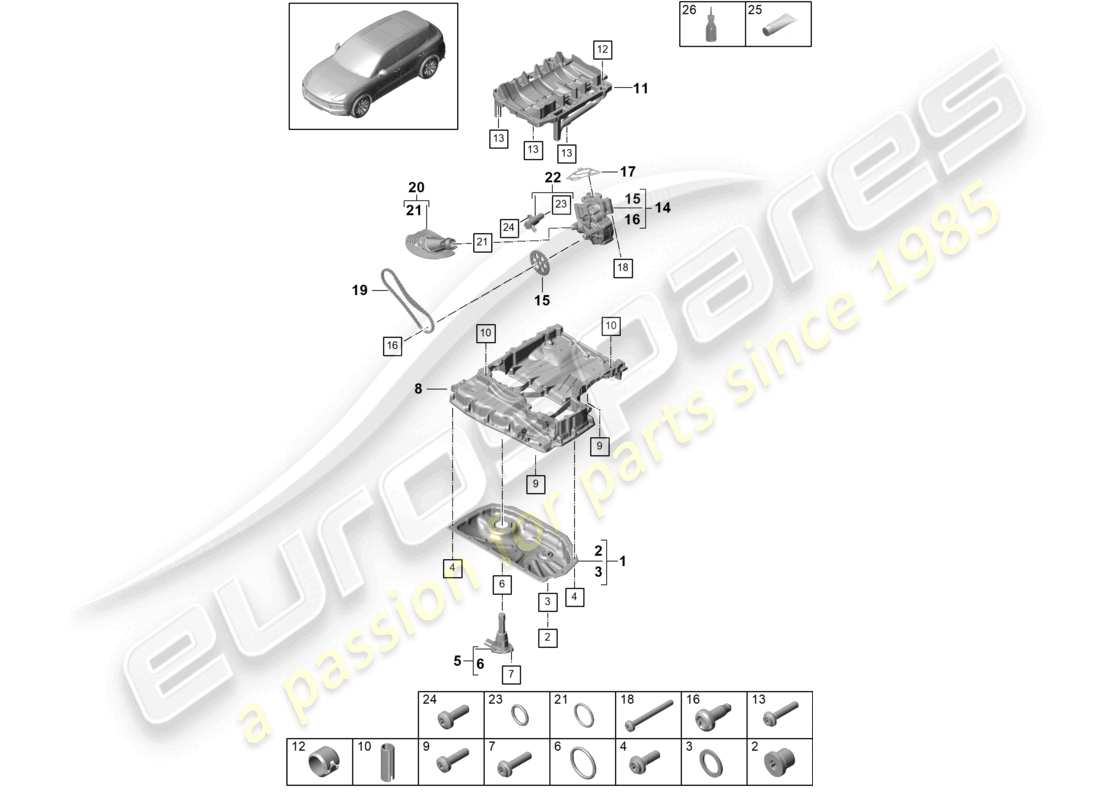 porsche 2021 (cayenne e3 9ya/9yb) schéma des pièces du carter d'huile de la pompe à huile du boîtier conducteur d'huile
