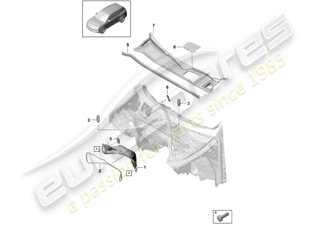 porsche 2021 (cayenne e3 9ya/9yb) boîte à eau pour véhicules à propulsion hybride schéma des pièces