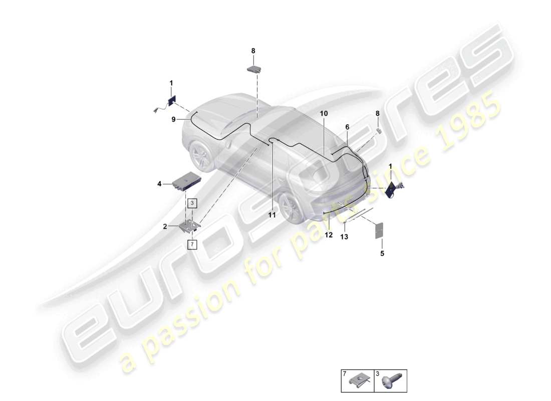 porsche 2025 (cayenne e3 pa) schéma des pièces de l'antenne arrière du système multimédia de l'antenne téléphonique