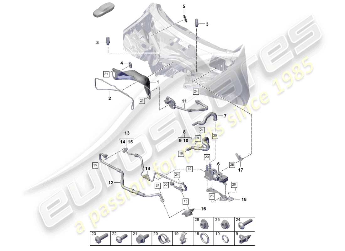porsche 2023 (cayenne e3 pa) système de chauffage et de climatisation, boîte à eau à droite pour véhicules à propulsion hybride, schéma des pièces