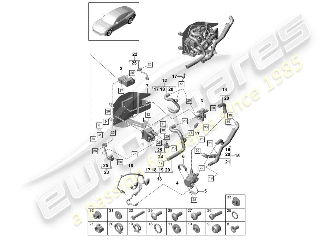 porsche 2021 (panamera 971-1) schéma des pièces du système de refroidissement du liquide de refroidissement de la batterie hybride de l'évaporateur