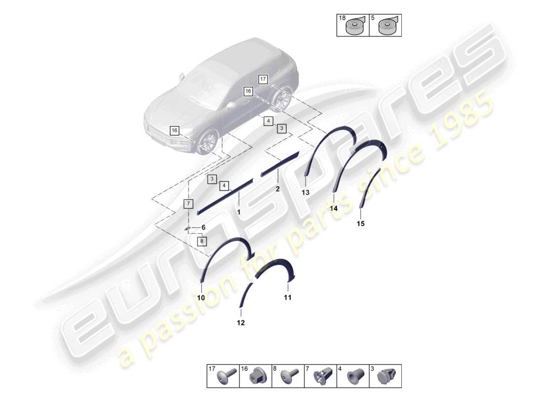 porsche 2026 (cayenne e3 pa) schéma des pièces de la moulure de recouvrement de passage de roue pour porte