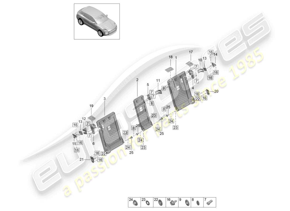 porsche 2021 (macan) élément de déverrouillage du dossier du siège arrière diagramme des pièces diverses