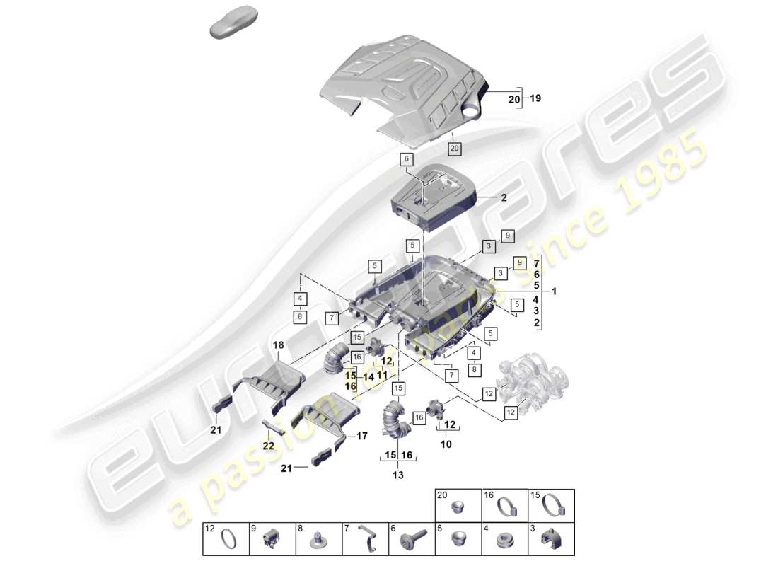 porsche 2026 (cayenne e3 pa) filtre à air avec pièces de connexion couvercle du moteur schéma des pièces