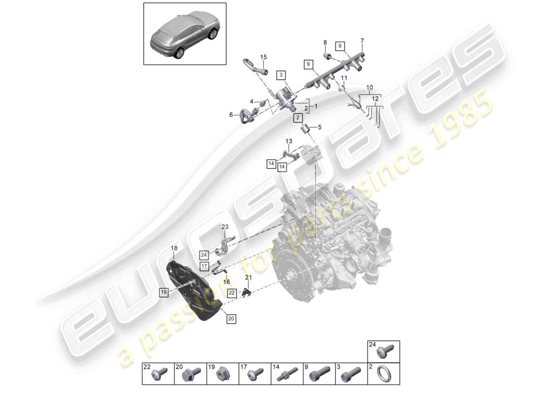 porsche 2021 (macan) schéma des pièces du tuyau de collecte de carburant, de l'injecteur haute pression et de la pompe haute pression
