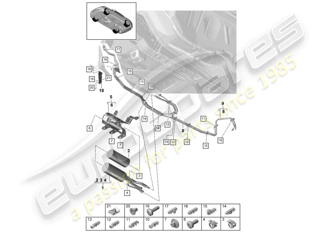 porsche 2021 (panamera 971-1) schéma des pièces du soubassement de la conduite de carburant