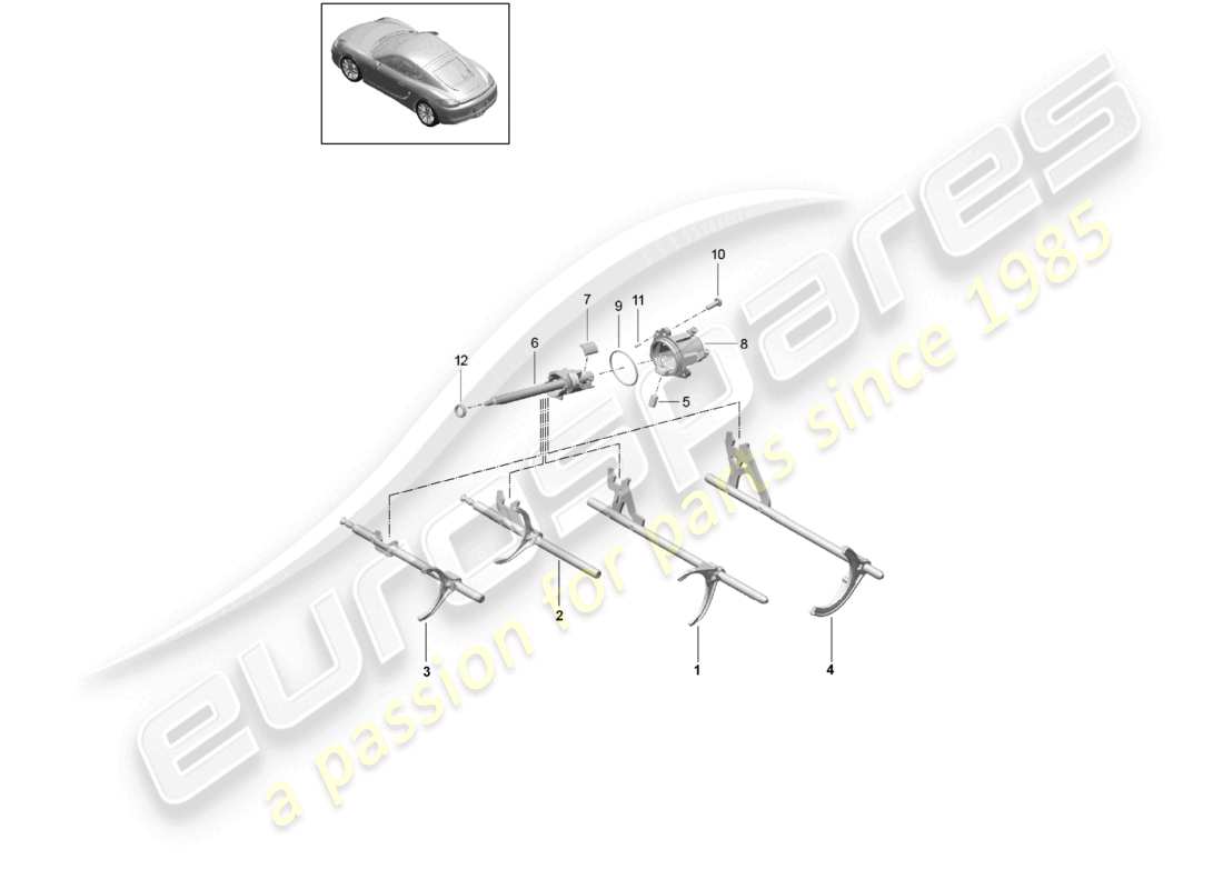 porsche 2024 (718 cayman) schéma des pièces de l'arbre de sélection du mécanisme de sélection de la boîte de vitesses manuelle