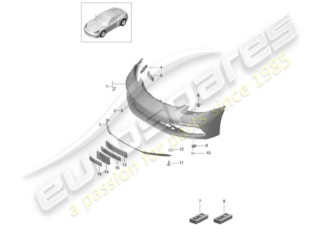 porsche 2025 (718 cayman) schéma des pièces du pare-chocs avant sport design package et gts