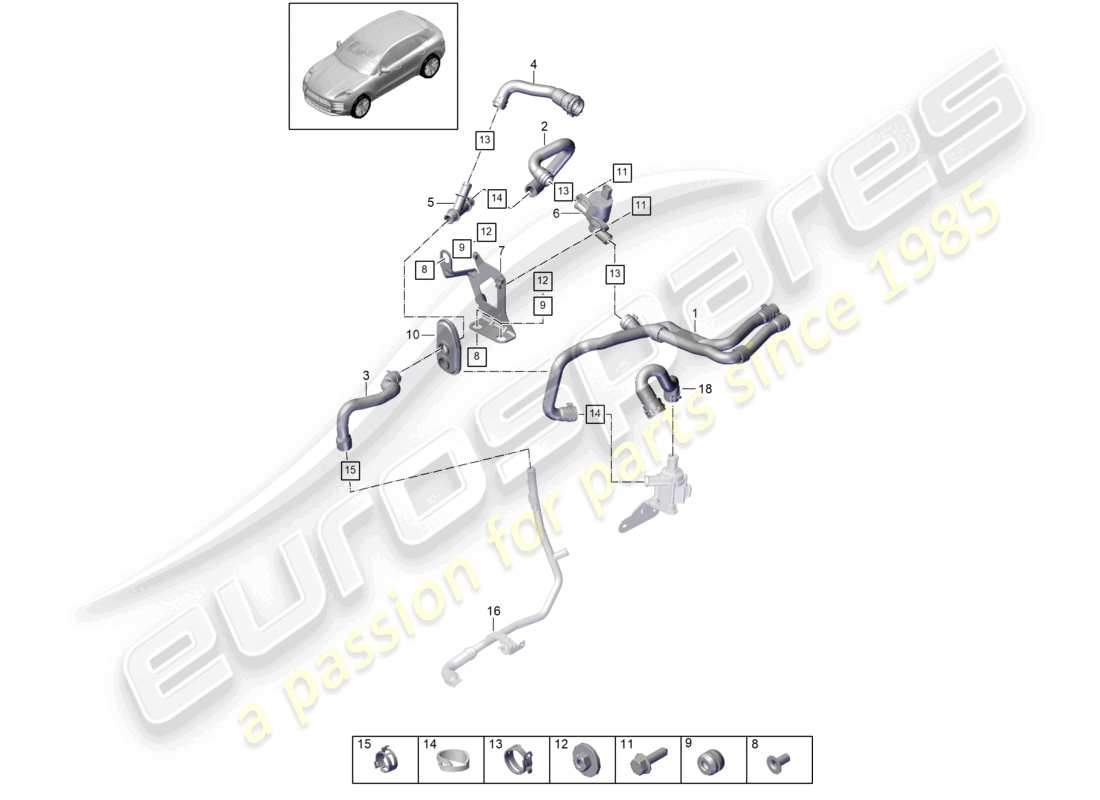 porsche 2021 (macan) schéma des pièces du radiateur v6 turbo pour boîte à eau à gauche