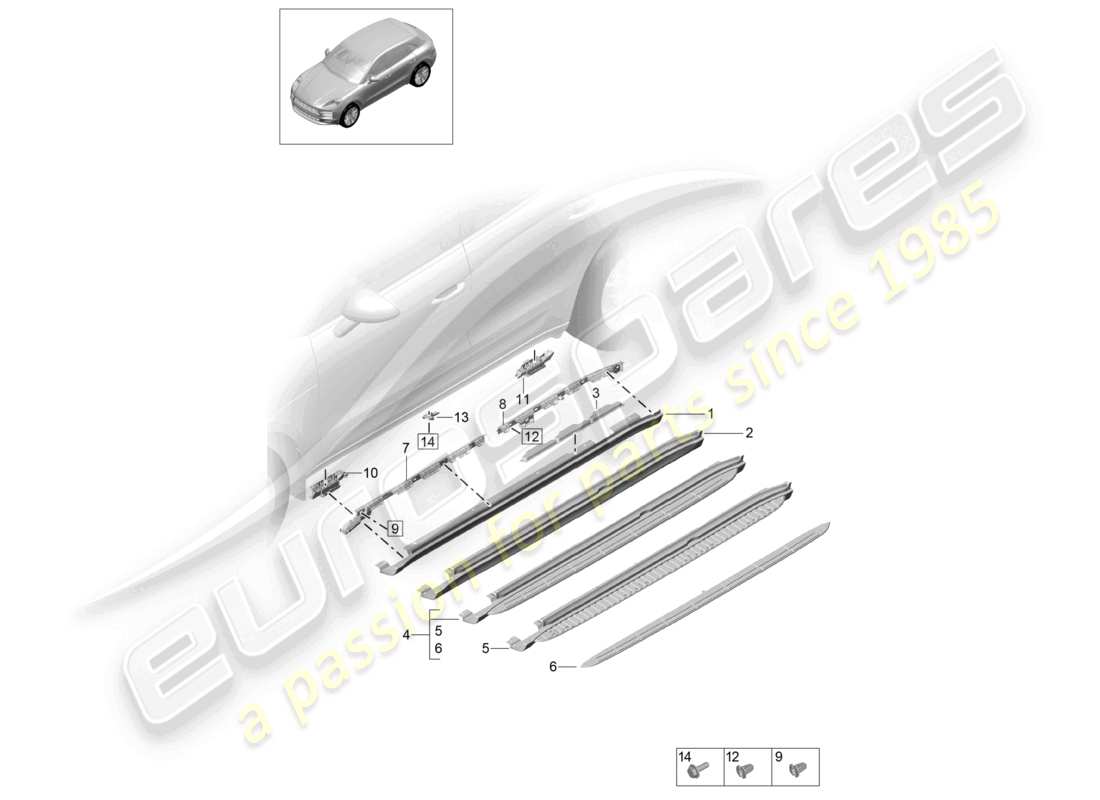 porsche 2021 (macan) schéma des pièces de seuil de porte d'accessoires de garniture de longeron