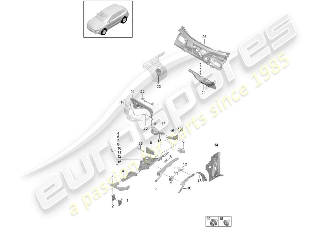 porsche 2021 (macan) schéma des pièces de montage de la jambe de suspension avant du pare-feu