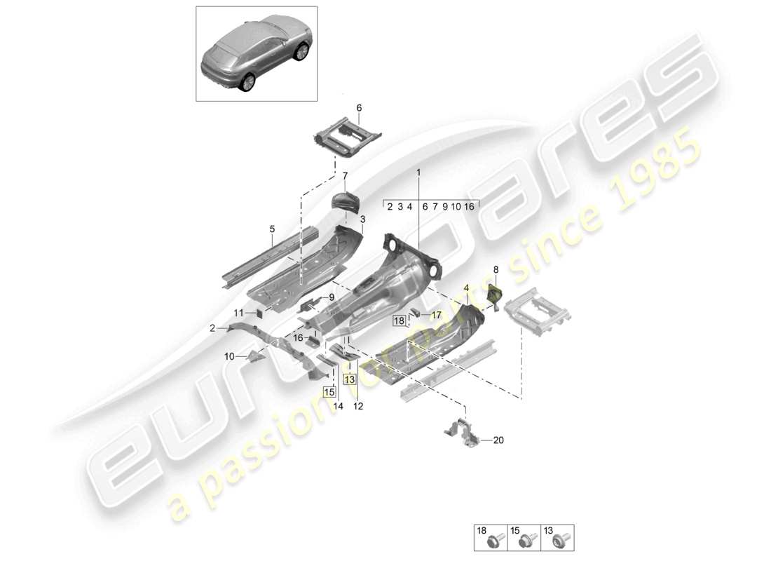 porsche 2021 (macan) schéma des pièces des plaques de plancher du tunnel avant