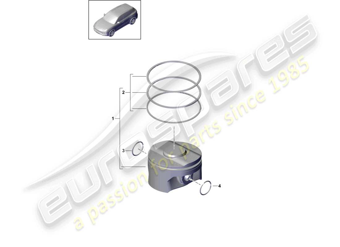 porsche 2021 (cayenne e3 9ya/9yb) piston complet. attention : l'installation mixte de segments de différents fabricants est interdite. lors du remplacement de pièces individuelles, utilisez uniquement le fabricant actuellement installé. un changement de fabricant est possible lors du remplacement de toutes les pièces montées. schéma des pièces.