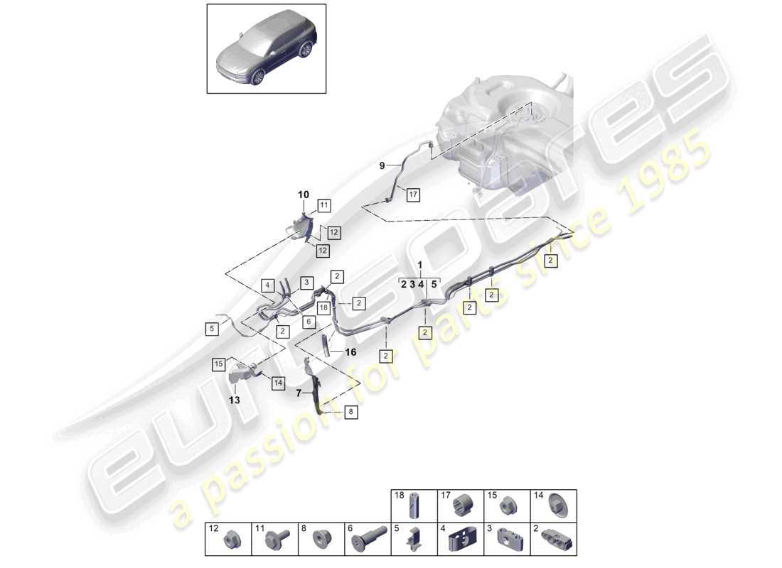 porsche 2021 (cayenne e3 9ya/9yb) schéma des pièces du soubassement de la conduite de carburant