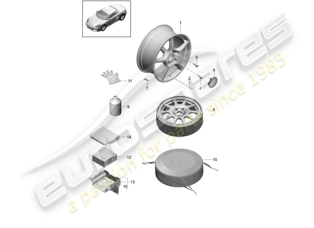 porsche 2024 (718 boxster) jante en aluminium roue de secours scellant pour pneu schéma des pièces