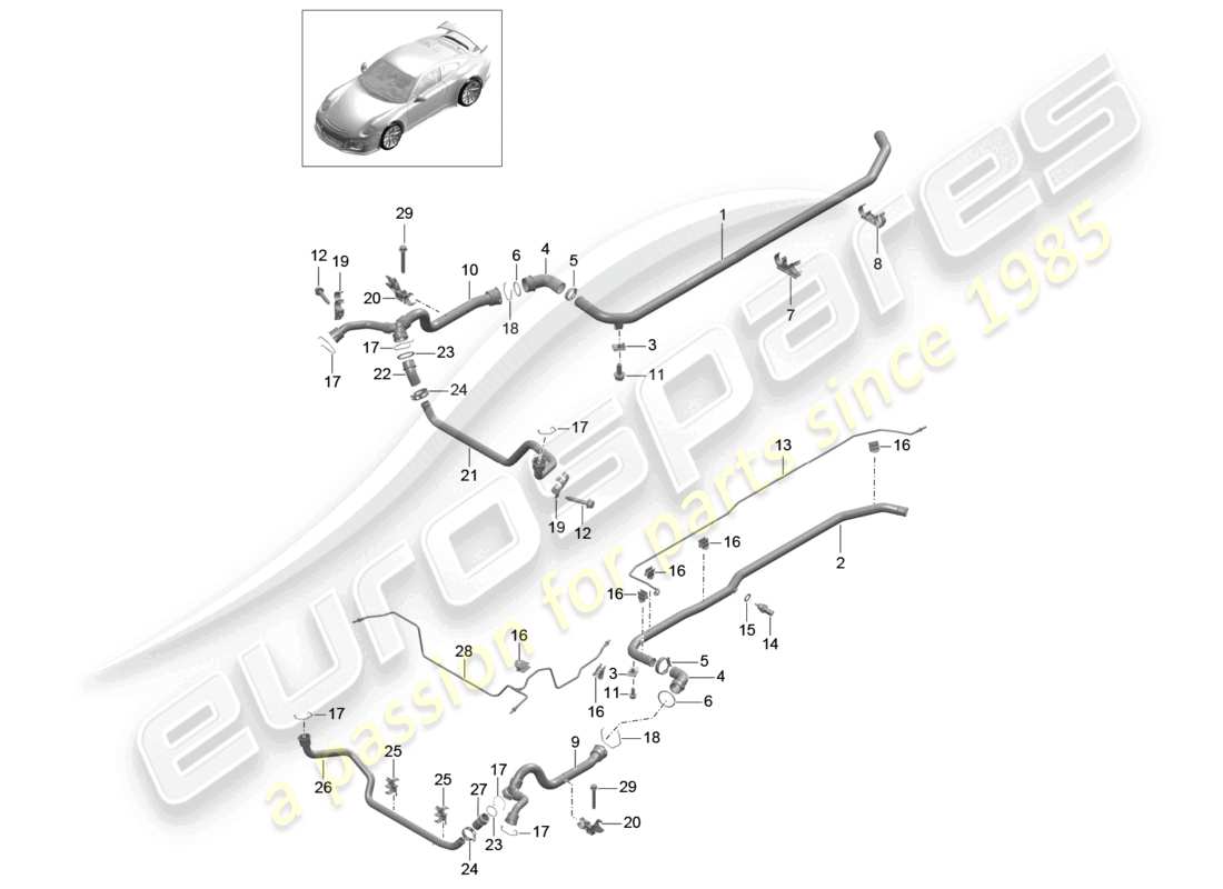porsche 2021 (991-2 r/gt3/rs) schéma des pièces de la partie avant du système de refroidissement par liquide de refroidissement