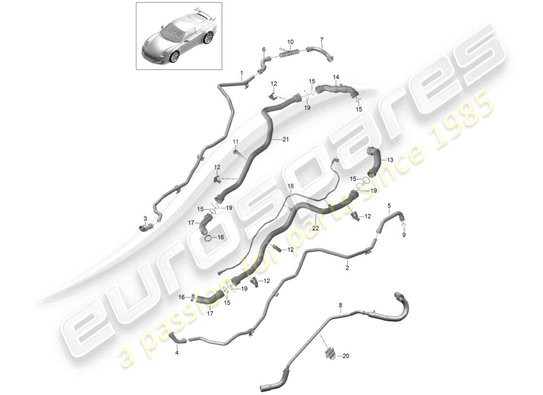 porsche 2021 (991-2 r/gt3/rs) système de refroidissement du liquide de refroidissement réchauffeur arrière conduite de reniflard schéma des pièces