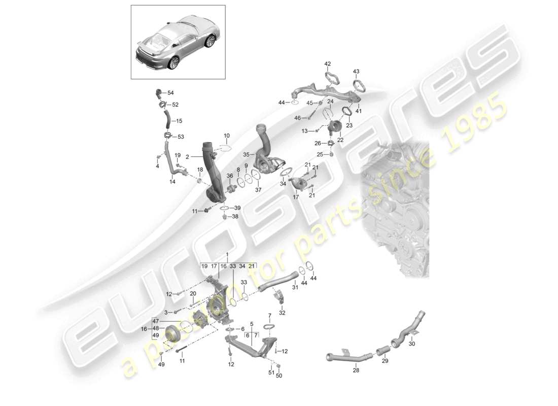 porsche 2021 (991-2 r/gt3/rs) pompe à liquide de refroidissement schéma des pièces du boîtier de la pompe à liquide de refroidissement