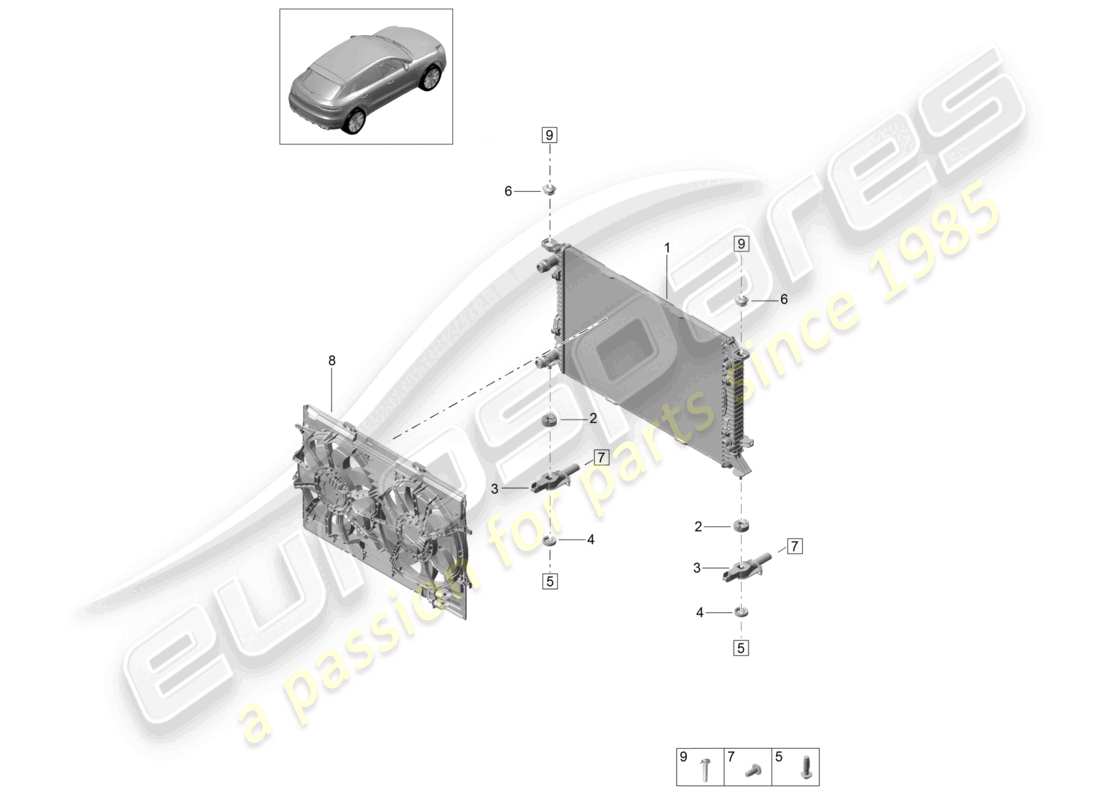 porsche 2021 (macan) système de refroidissement du liquide de refroidissement refroidisseur pour schéma des pièces du liquide de refroidissement