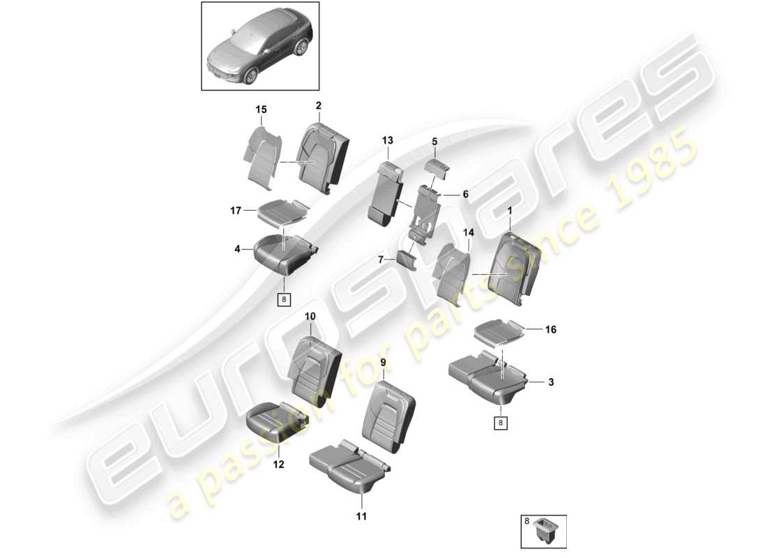 porsche 2021 (cayenne e3 9ya/9yb) siège arrière siège confort partie en mousse housse de siège diagramme des pièces