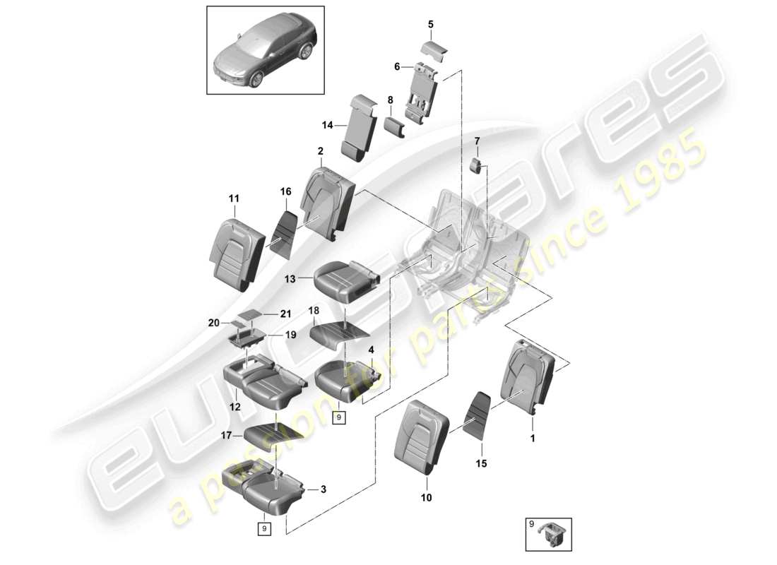 porsche 2021 (cayenne e3 9ya/9yb) housses de dossier en mousse pour siège arrière sport schéma des pièces
