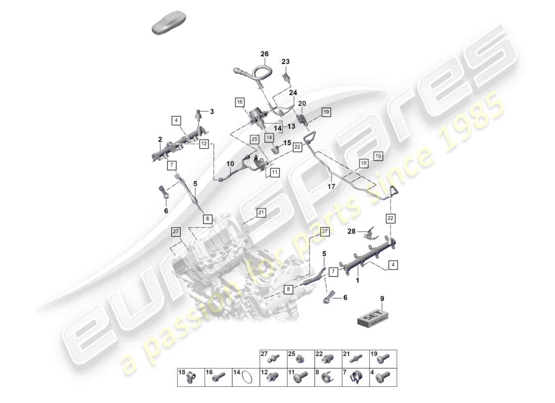 porsche 2021 (panamera 971-2) schéma des pièces du tuyau de collecte de carburant, de l'injecteur haute pression et de la pompe haute pression