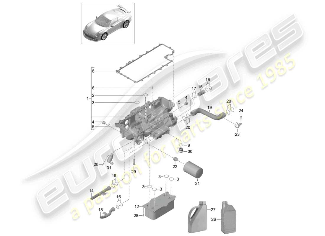porsche 2021 (991-2 r/gt3/rs) schéma des pièces de la console du filtre à huile