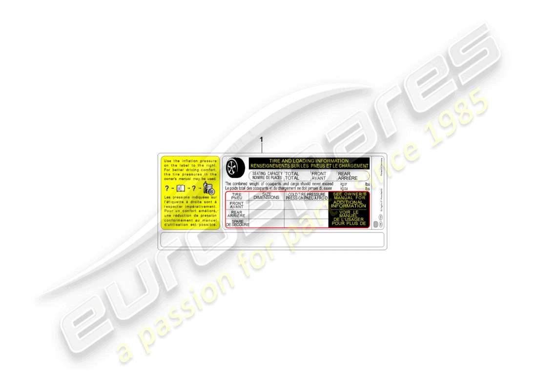 porsche 2025 (taycan 9j1-2) plaque signalétique pour la pression des pneus aux états-unis