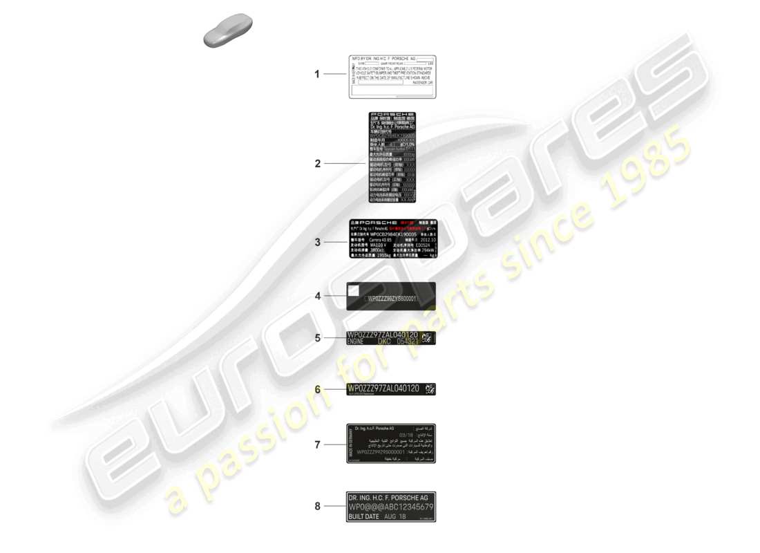 porsche 2026 (taycan 9j1-2) certificat autocollant usa certificat autocollant canada étiquette de données chine corée diagramme des pièces
