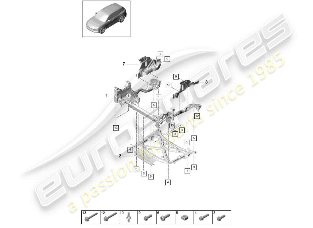 porsche 2024 (cayenne e3 9ya/9yb) cadre de support sous-châssis de suspension plaque de protection schéma des pièces
