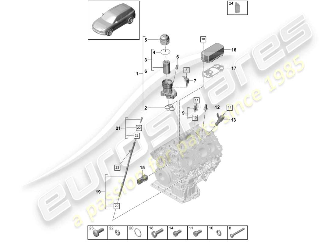 porsche 2024 (cayenne e3 9ya/9yb) filtre à huile console refroidisseur d'huile schéma des pièces