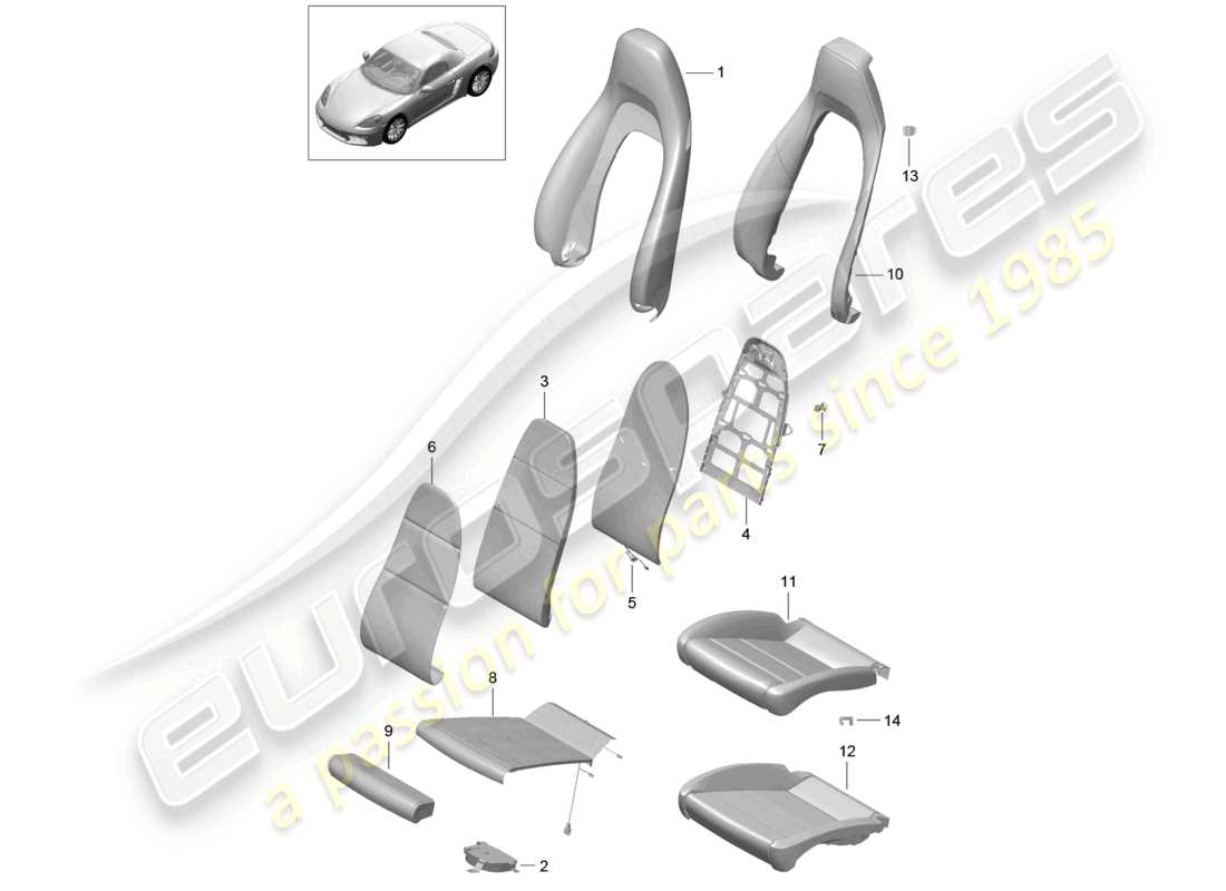 porsche 2021 (718 boxster) housses de siège en mousse diagramme des pièces