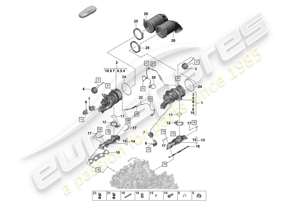 porsche 2021 (panamera 971-2) turbocompresseur à gaz d'échappement collecteurs d'échappement sonde lambda schéma des pièces
