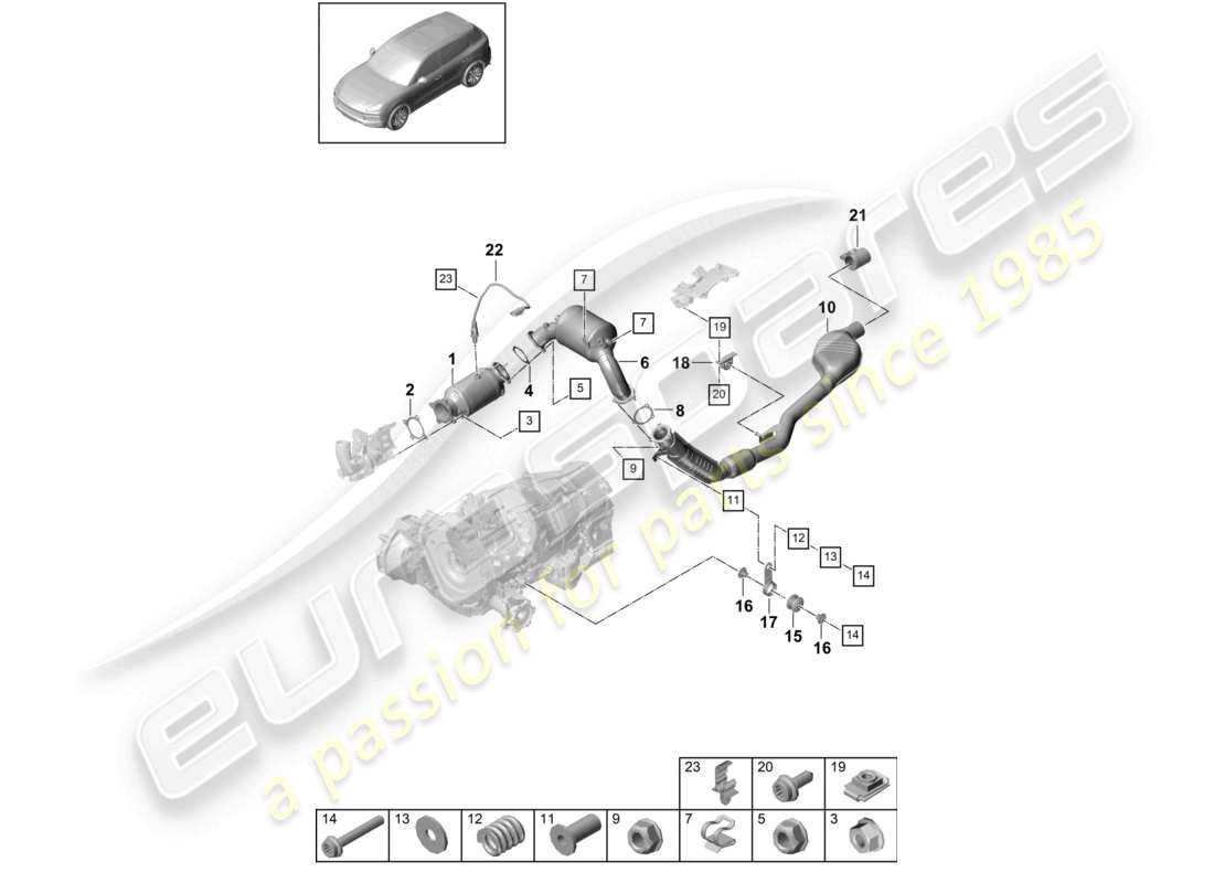 porsche 2024 (cayenne e3 9ya/9yb) système d'échappement convertisseur catalytique avec filtre à particules essence tuyau d'échappement avec silencieux avant sonde lambda schéma des pièces