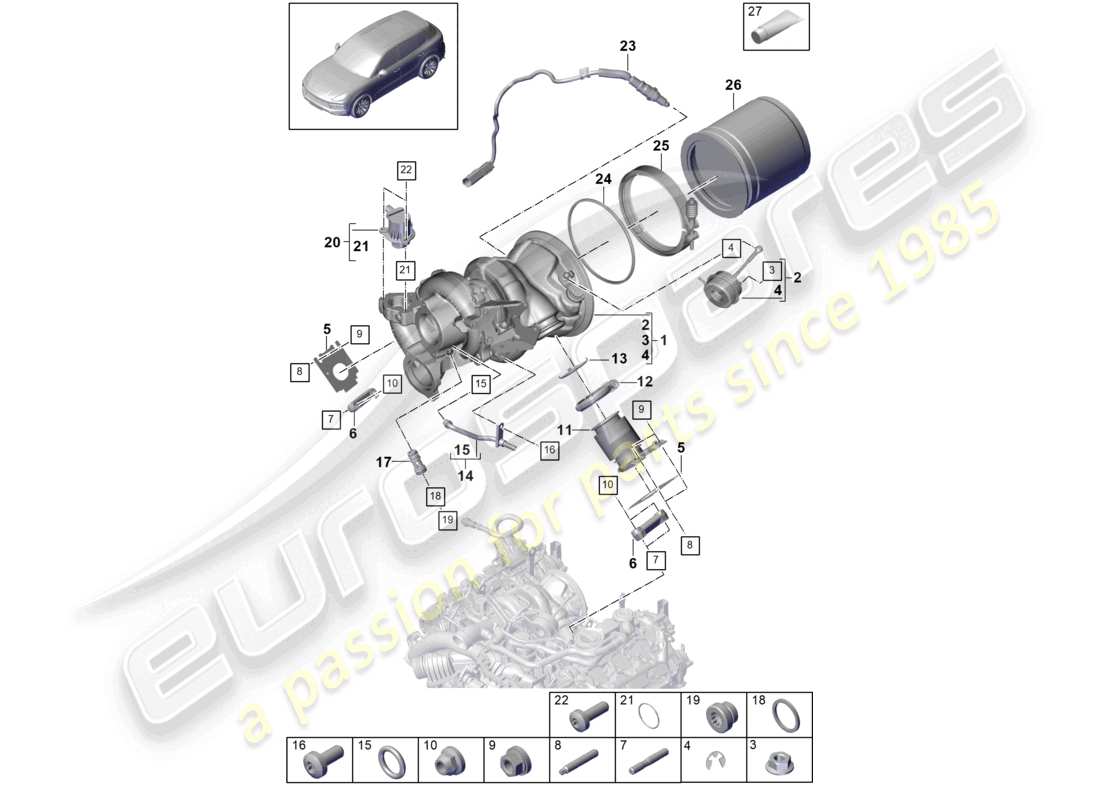 porsche 2024 (cayenne e3 9ya/9yb) turbocompresseur à gaz d'échappement collecteurs d'échappement sonde lambda schéma des pièces