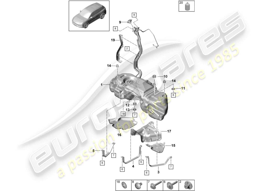porsche 2024 (cayenne e3 9ya/9yb) réservoir de carburant avec accessoires schéma des pièces