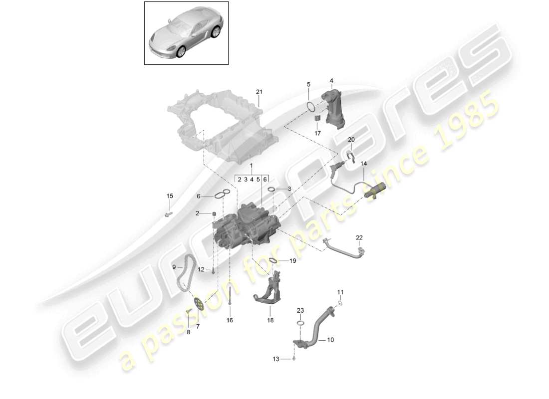 porsche 2024 (718 cayman) schéma des pièces de la pompe à huile du moteur (presse à huile/lubrifiant)