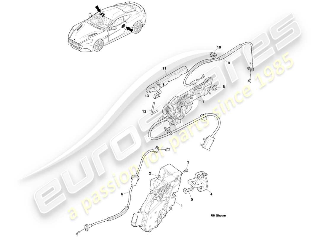 aston martin vanquish (2014) diagramme des poignées extérieures et des pièces d'actionnement