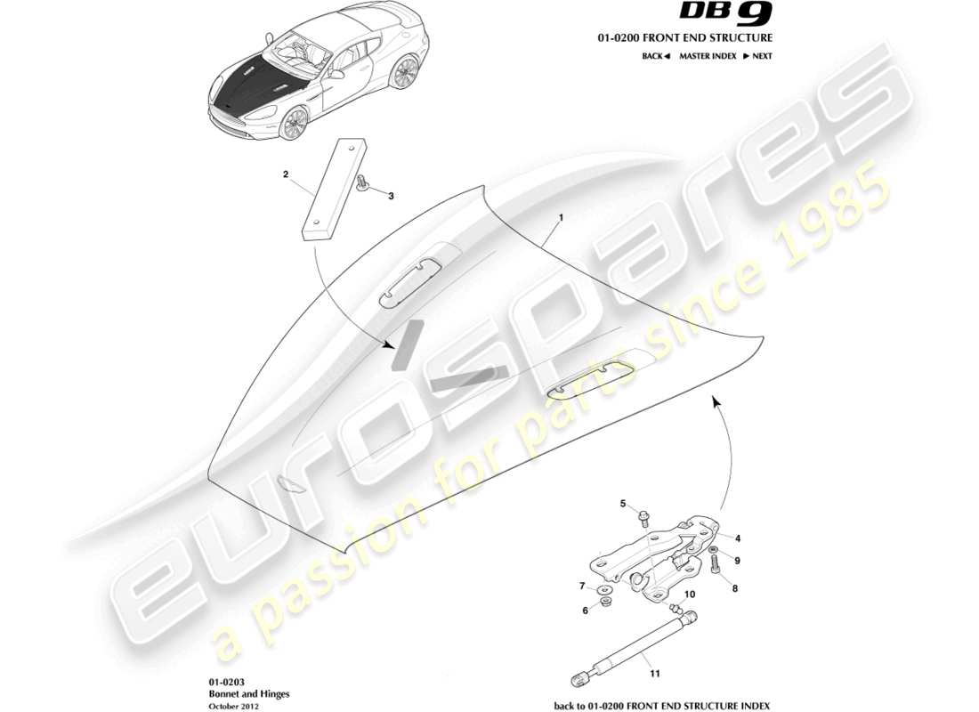 aston martin db9 (2013) diagramme des pièces du capot et des charnières