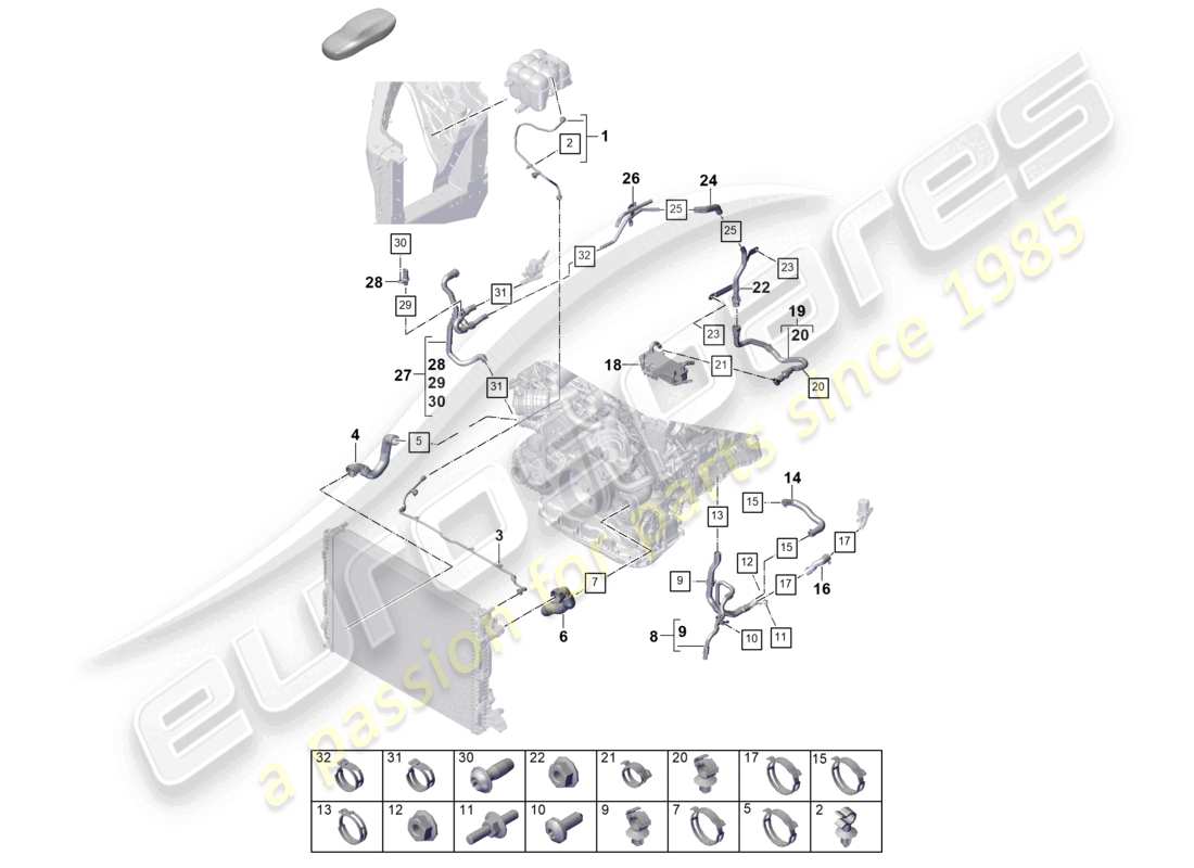 porsche 2025 (cayenne e3 pa) système de refroidissement du liquide de refroidissement vase d'expansion du liquide de refroidissement tuyau de liquide de refroidissement schéma des pièces