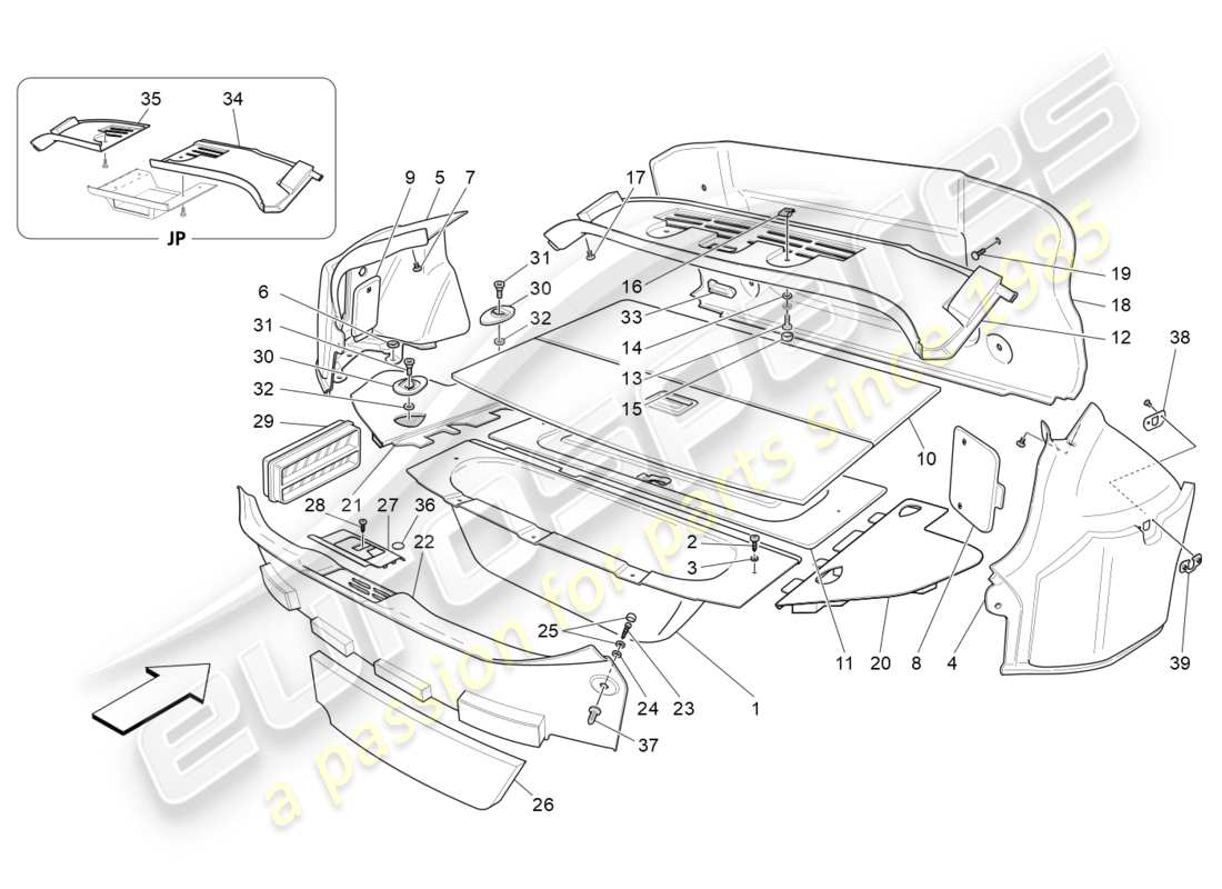 maserati granturismo s (2019) schéma des pièces des tapis de coffre à bagages